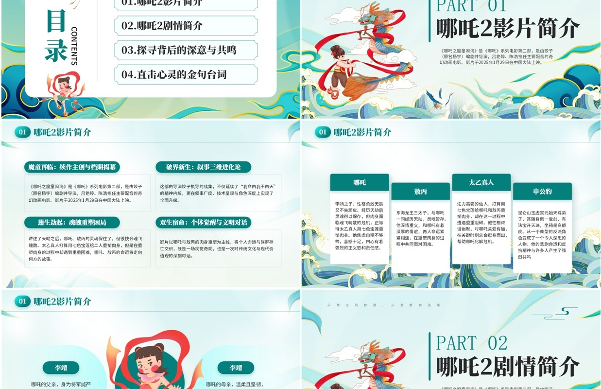 绿色国潮风哪吒之魔童闹海电影解读PPT模板
