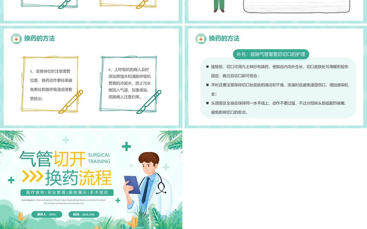绿色清新风气管切开换药流程PPT模板