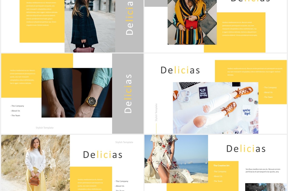 时尚黄色图片排版国外PPT模板Delicias Powerpoint Template
