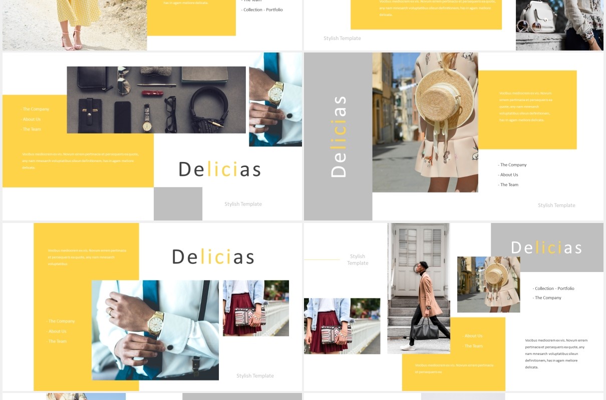 时尚黄色图片排版国外PPT模板Delicias Powerpoint Template
