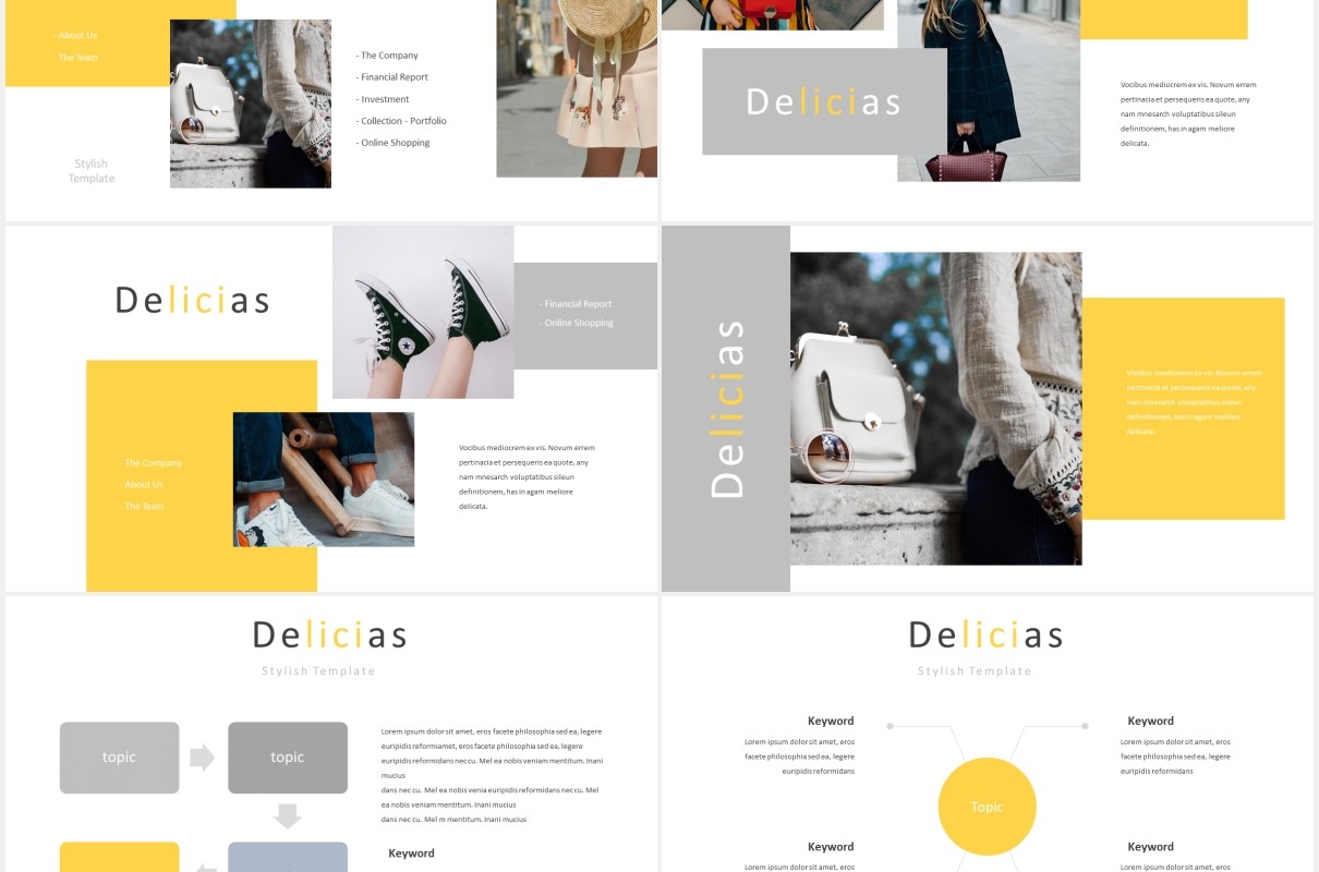 时尚黄色图片排版国外PPT模板Delicias Powerpoint Template