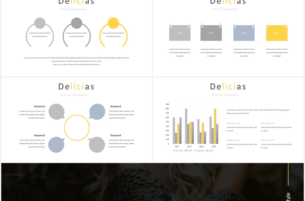 时尚黄色图片排版国外PPT模板Delicias Powerpoint Template