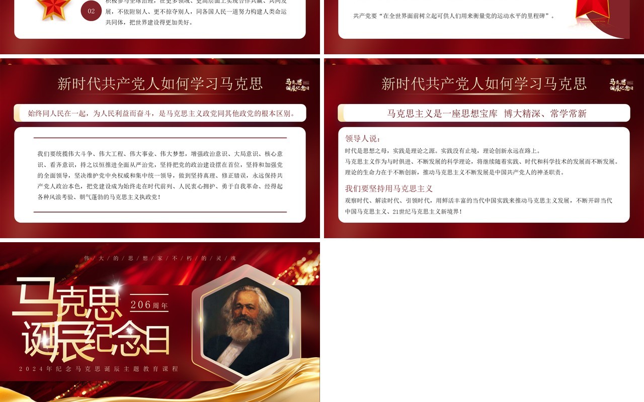 红色简约风马克思206周年诞辰纪念日PPT模板