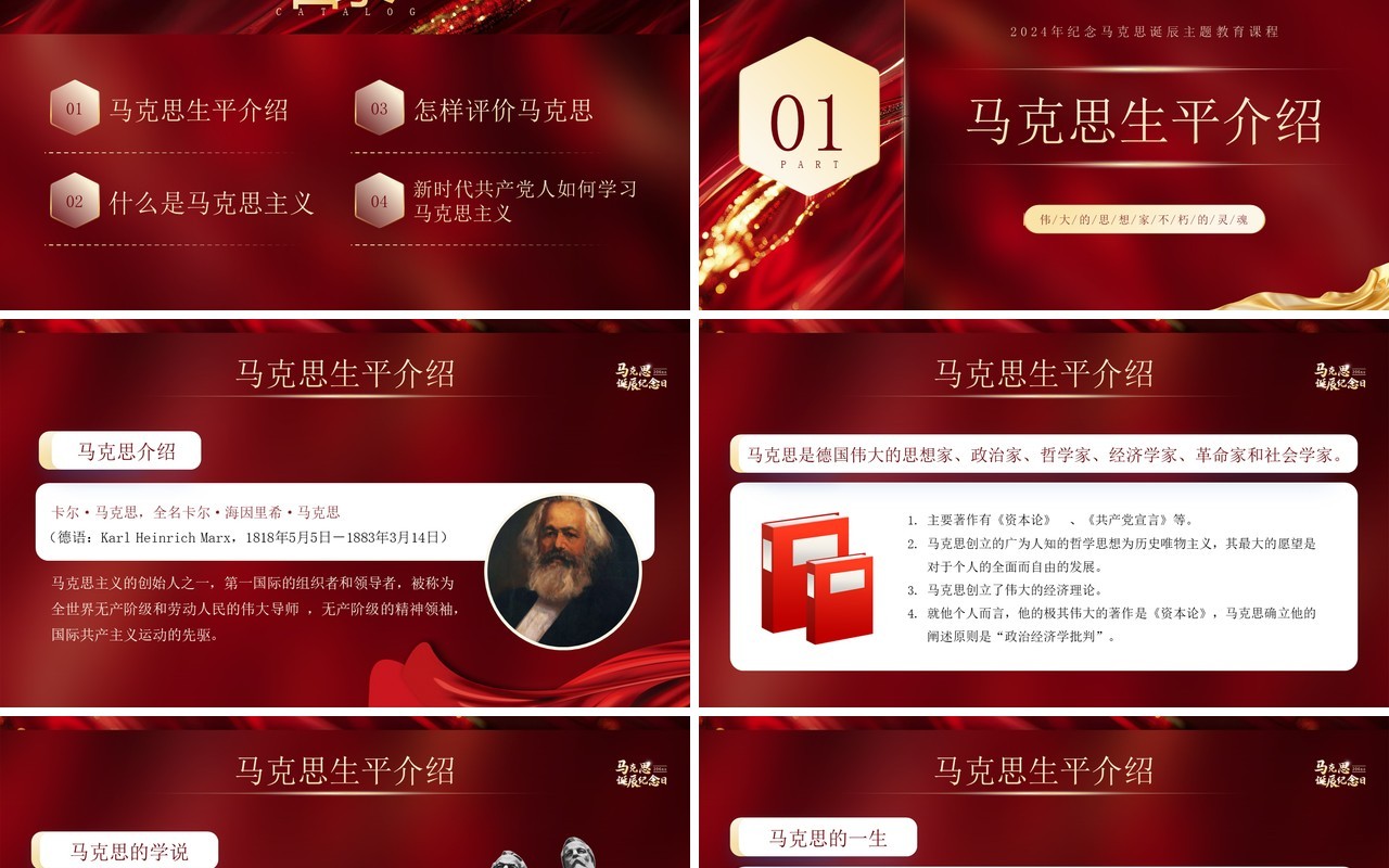 红色简约风马克思206周年诞辰纪念日PPT模板