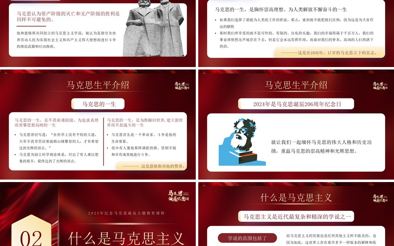 红色简约风马克思206周年诞辰纪念日PPT模板