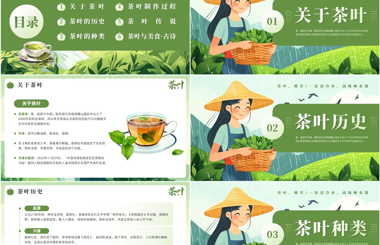 绿色插画风茶叶的故事PPT模板