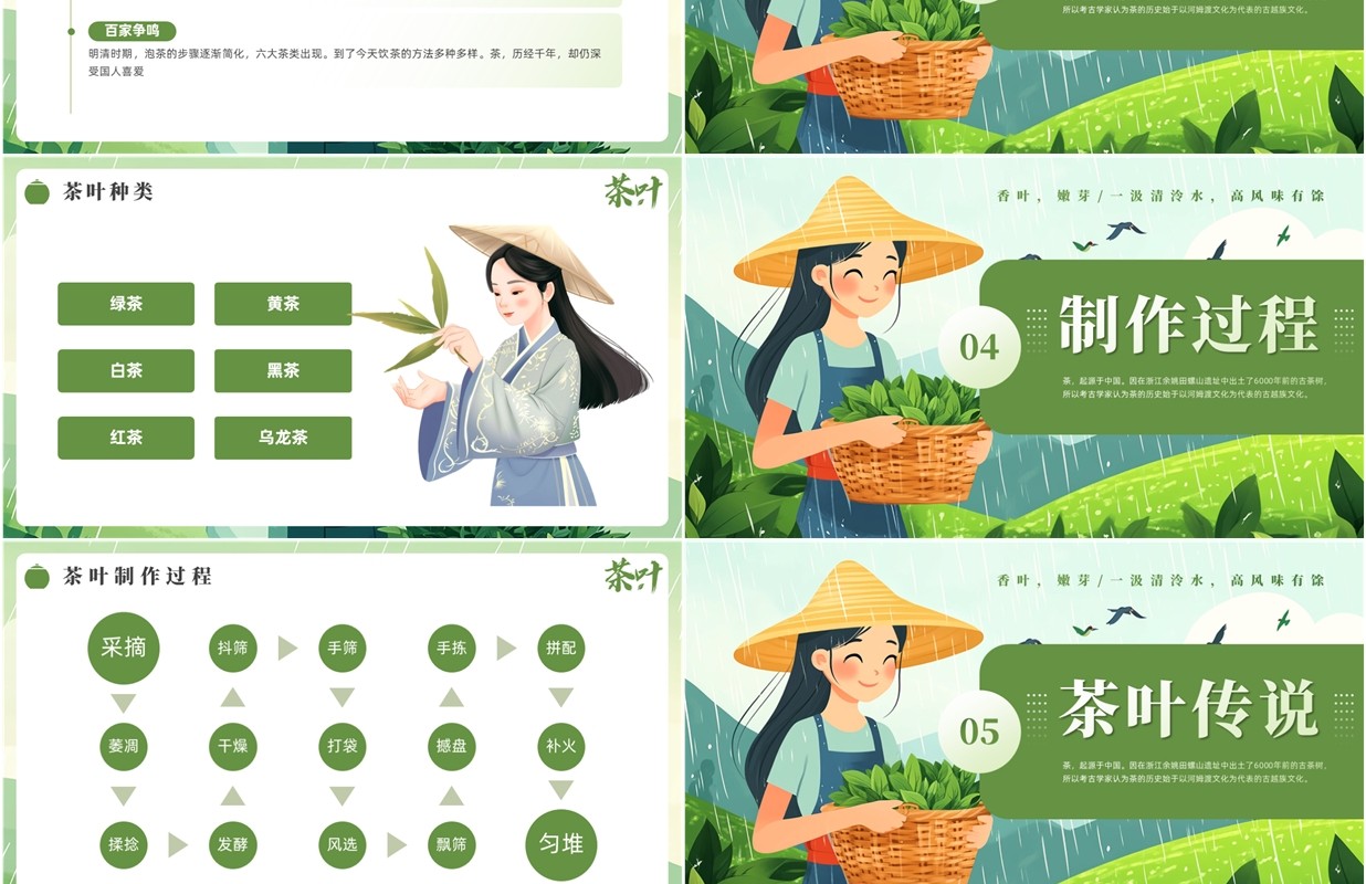 绿色插画风茶叶的故事PPT模板