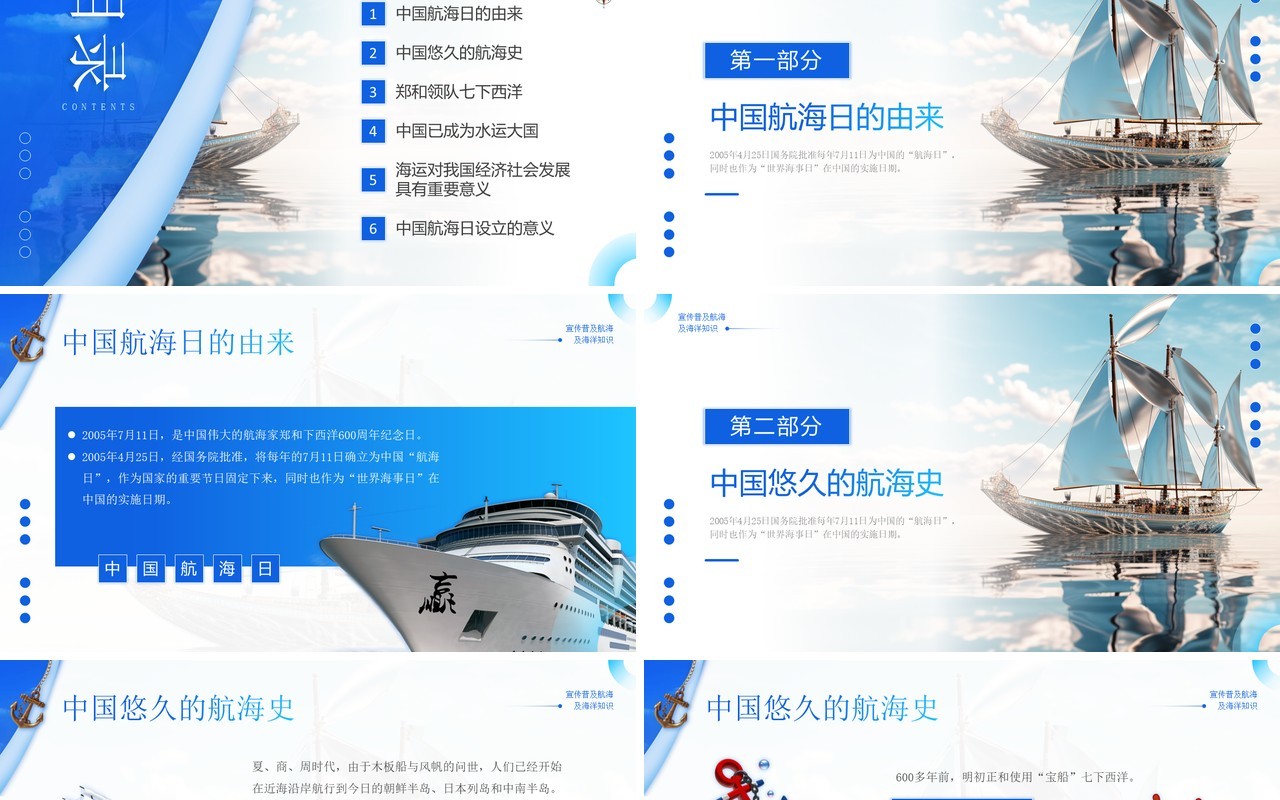 蓝色简约风中国航海日航海知识PPT模板