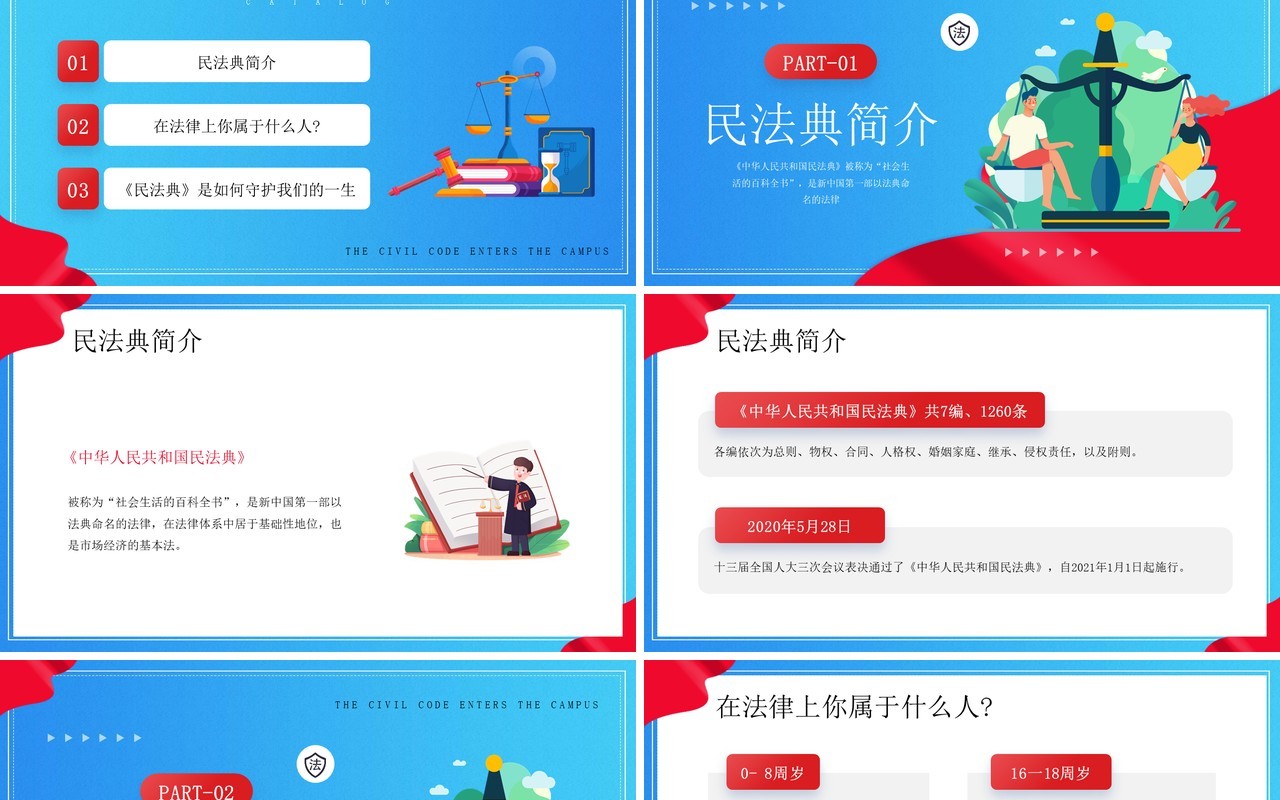 红蓝卡通风民法典进校园PPT模板
