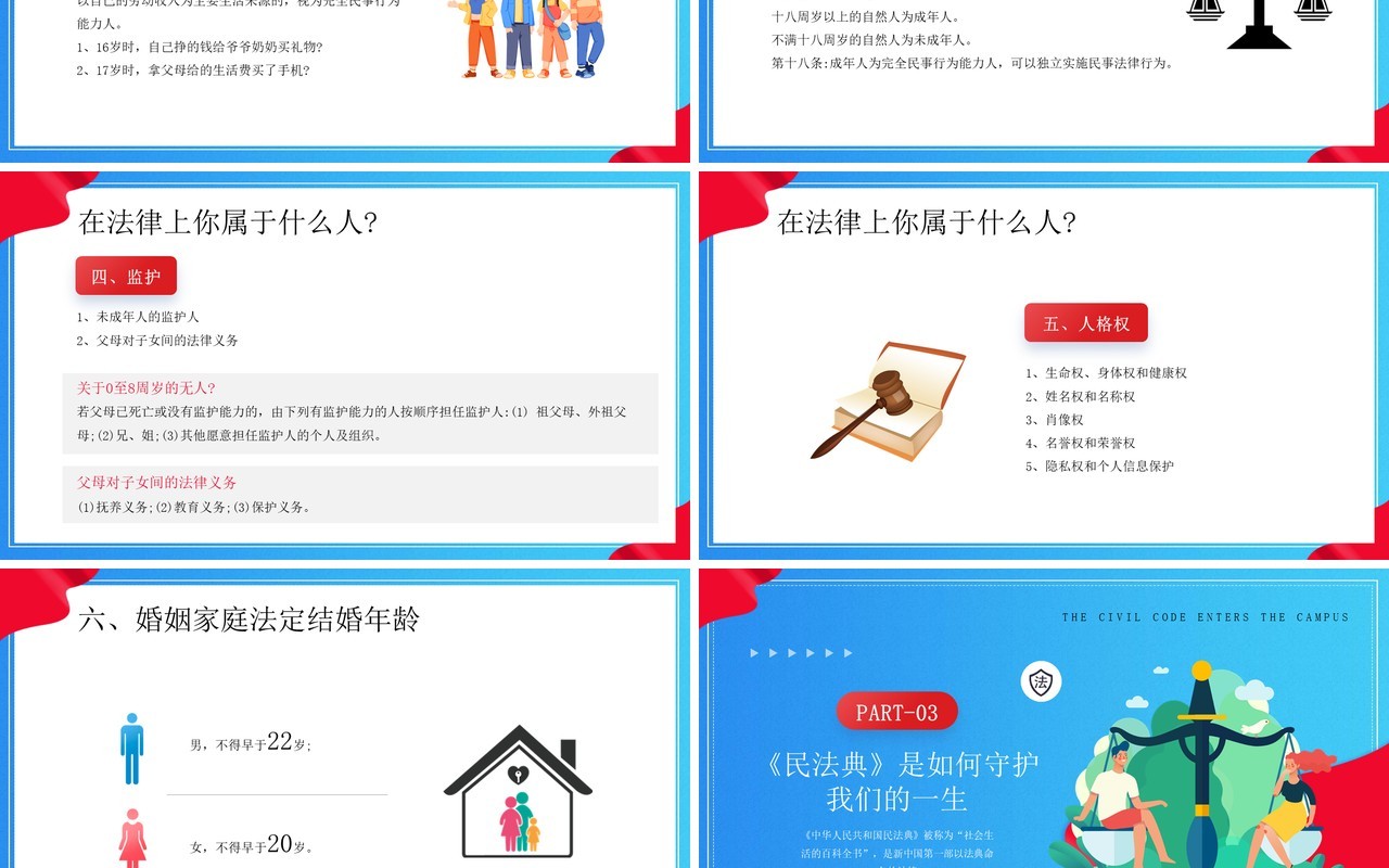 红蓝卡通风民法典进校园PPT模板
