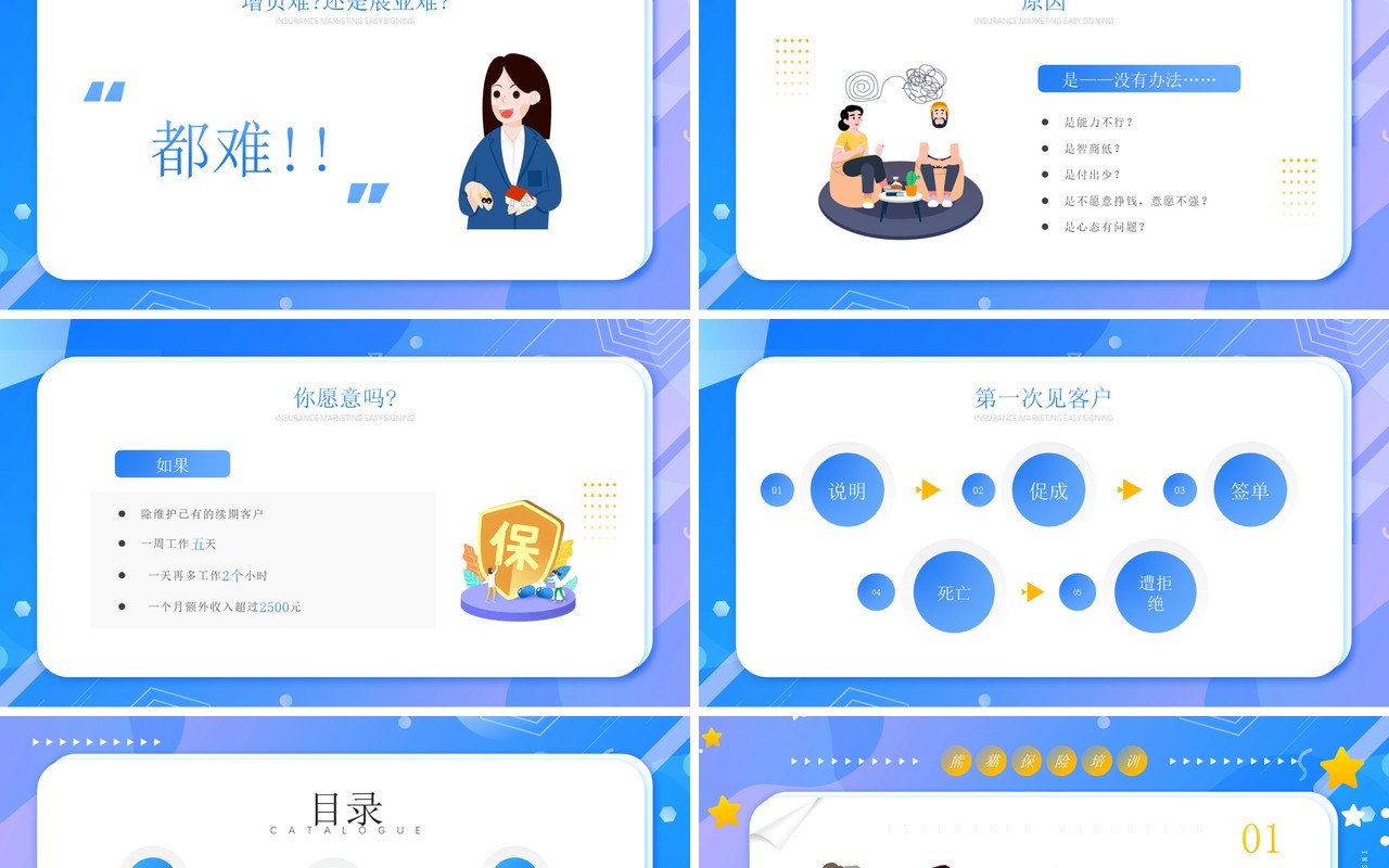 蓝色卡通保险营销轻松签单三部曲PPT模板