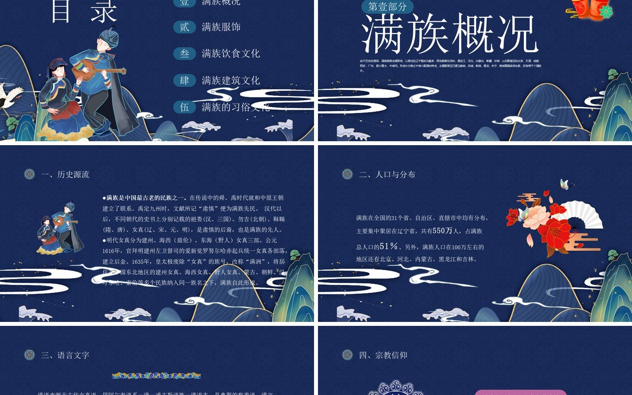 蓝粉古典风中国少数民族满族介绍PPT模板