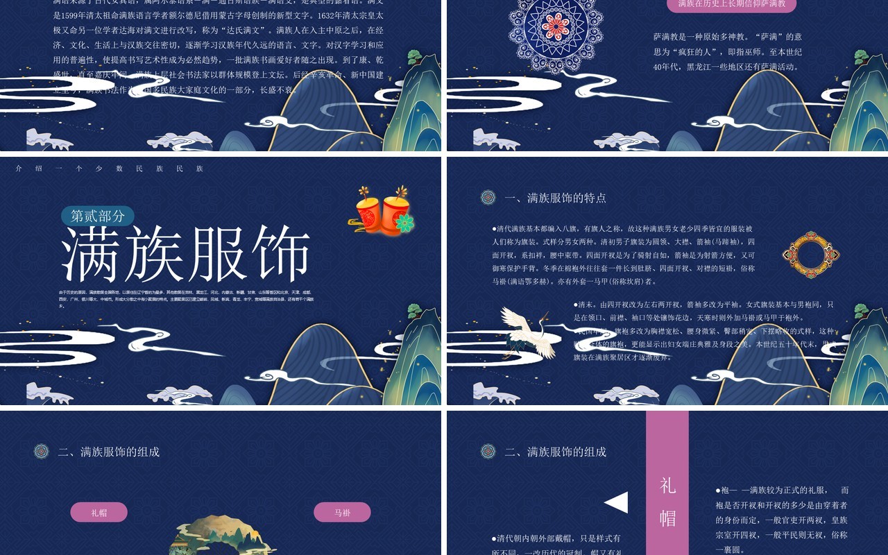 蓝粉古典风中国少数民族满族介绍PPT模板