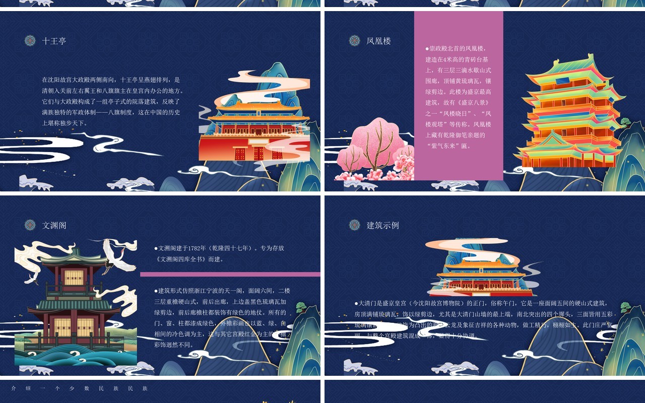 蓝粉古典风中国少数民族满族介绍PPT模板