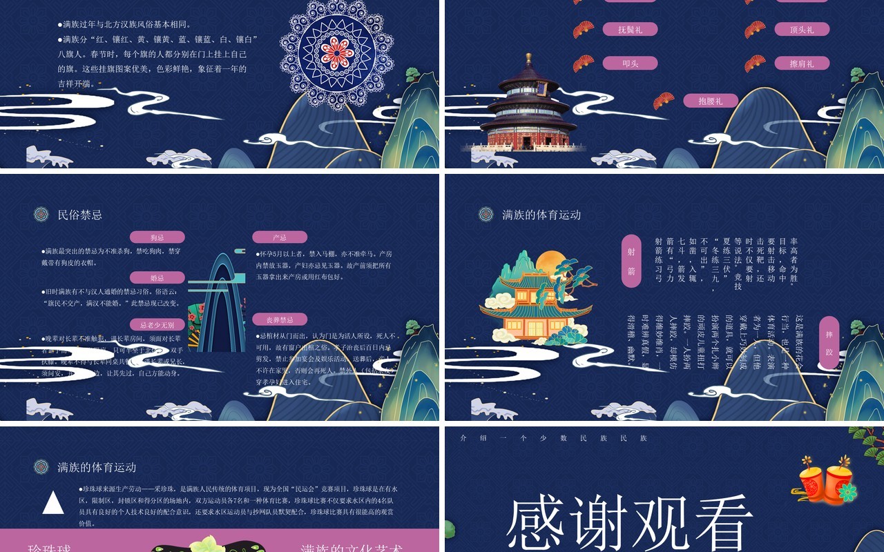 蓝粉古典风中国少数民族满族介绍PPT模板