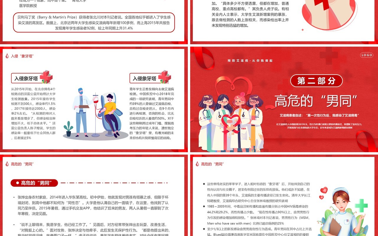 红色卡通风以爱之名反对歧视世界艾滋病日PPT模板