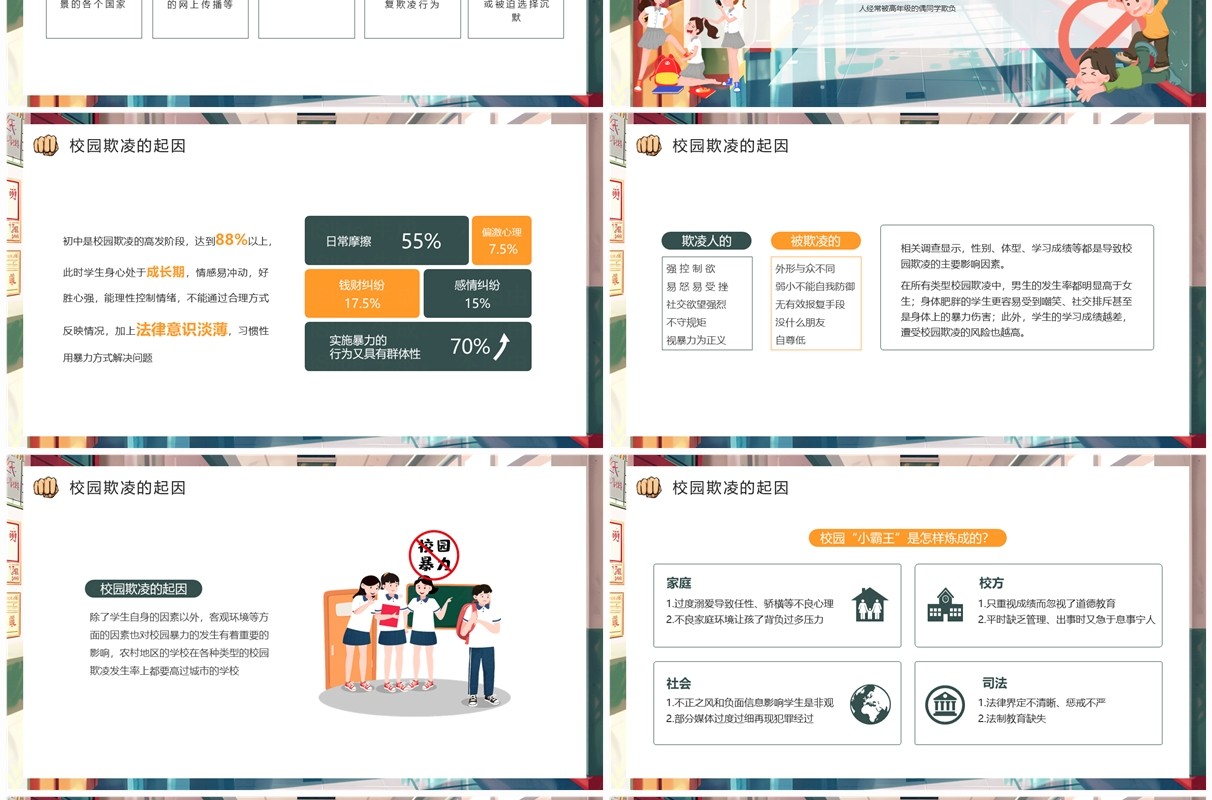 绿色插画风预防校园欺凌PPT模板
