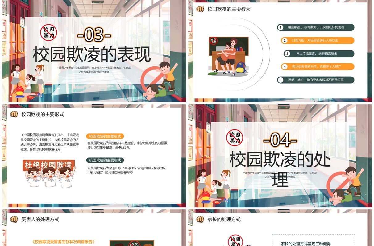 绿色插画风预防校园欺凌PPT模板