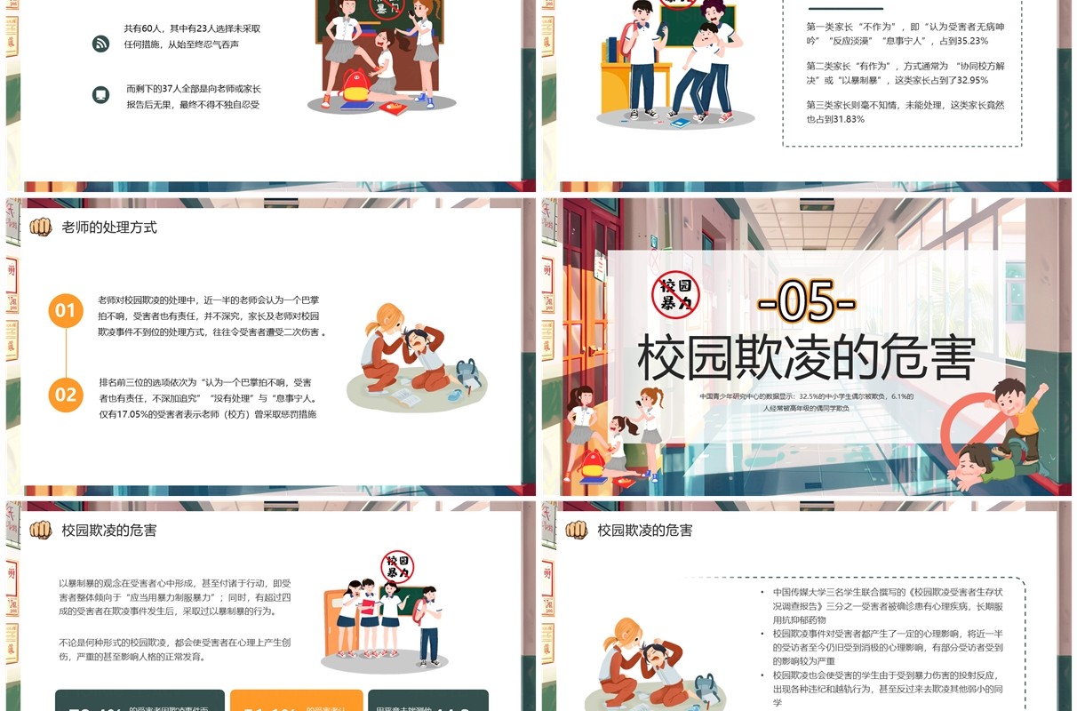 绿色插画风预防校园欺凌PPT模板