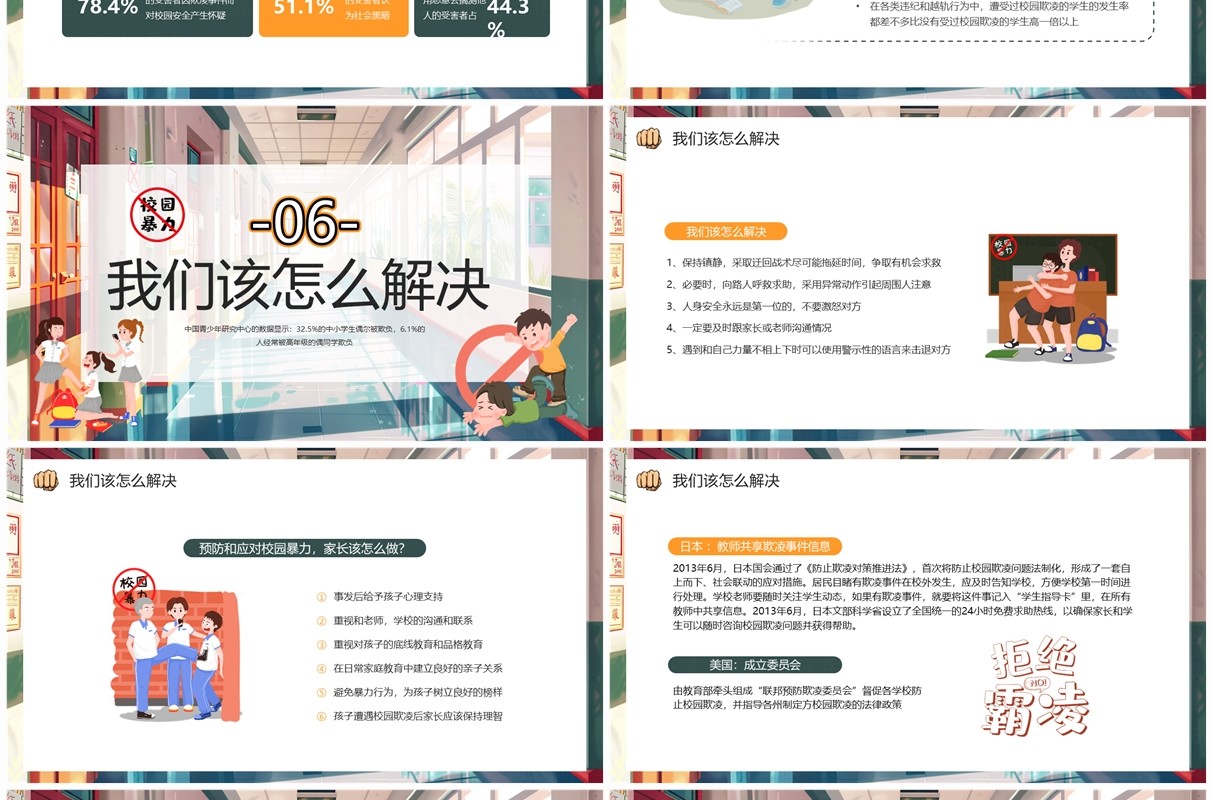 绿色插画风预防校园欺凌PPT模板