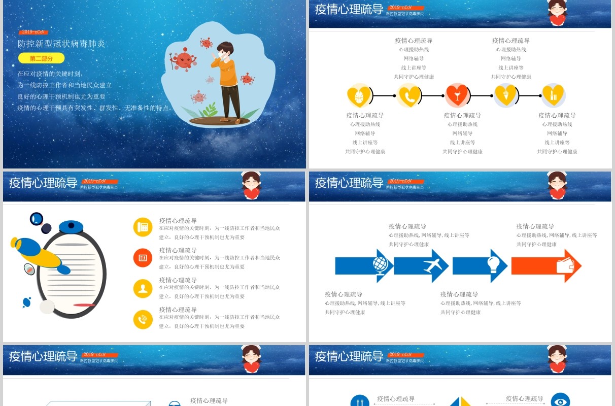 蓝色应对肺炎疫情心理疏导防护辅导自我调节主题课件PPT模板