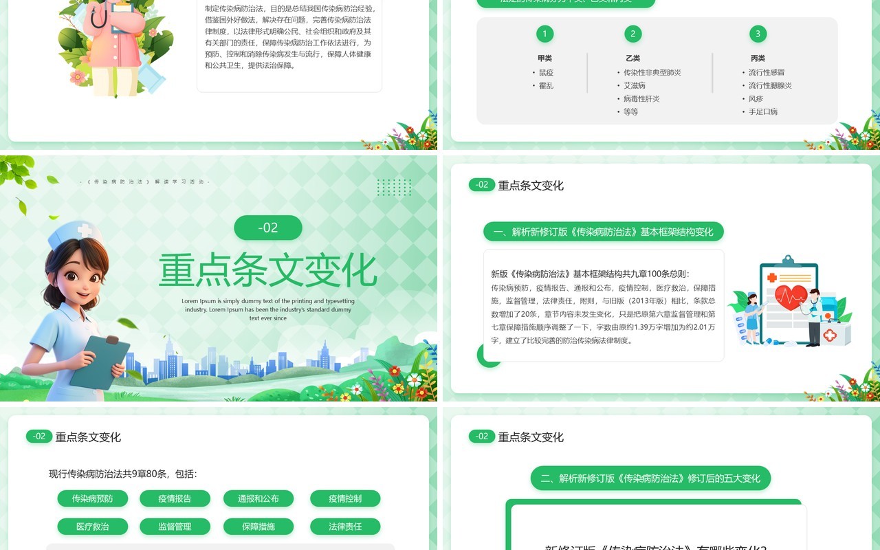 绿色卡通风传染病防治法解读学习PPT模板