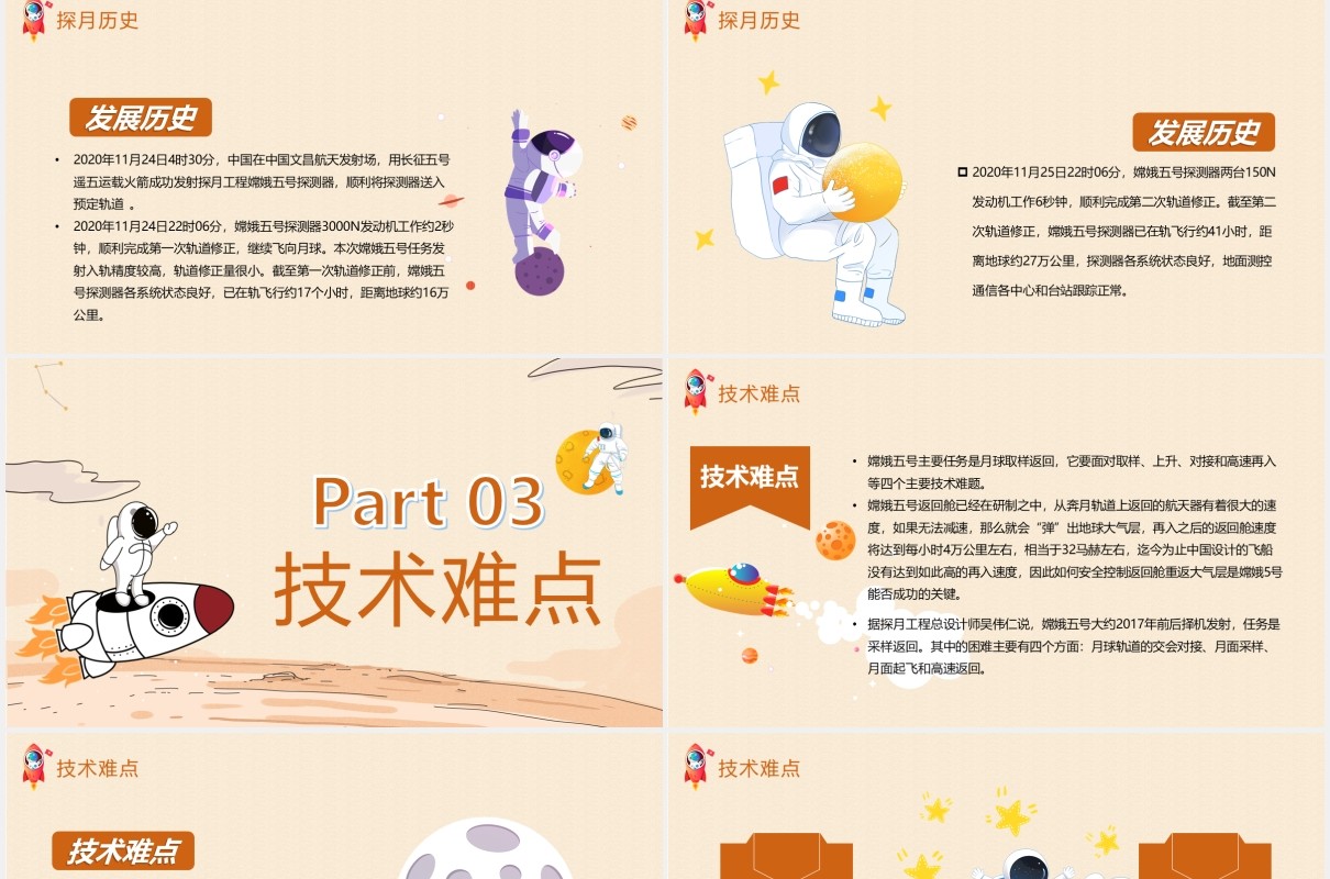 手绘卡通风嫦娥五号着陆月球宣传工作汇报PPT模板