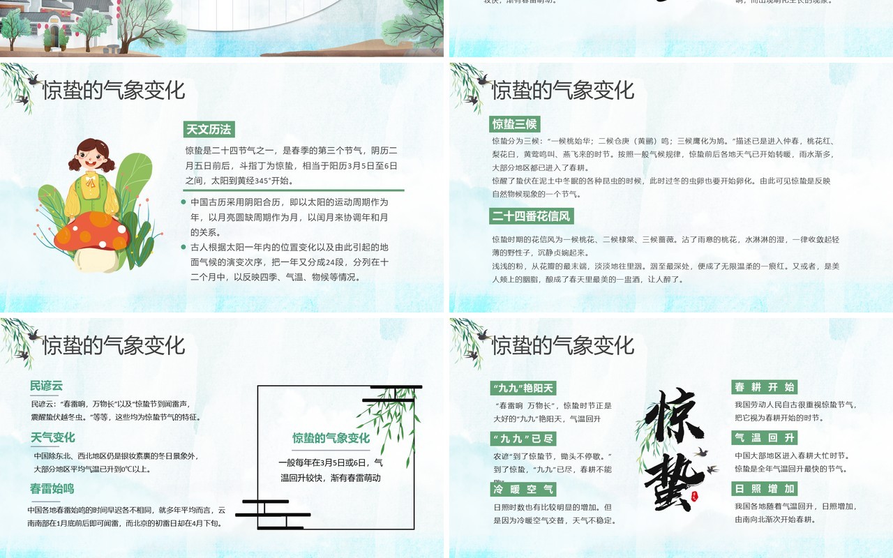 绿色卡通中国风传统节气之惊蛰介绍PPT模板
