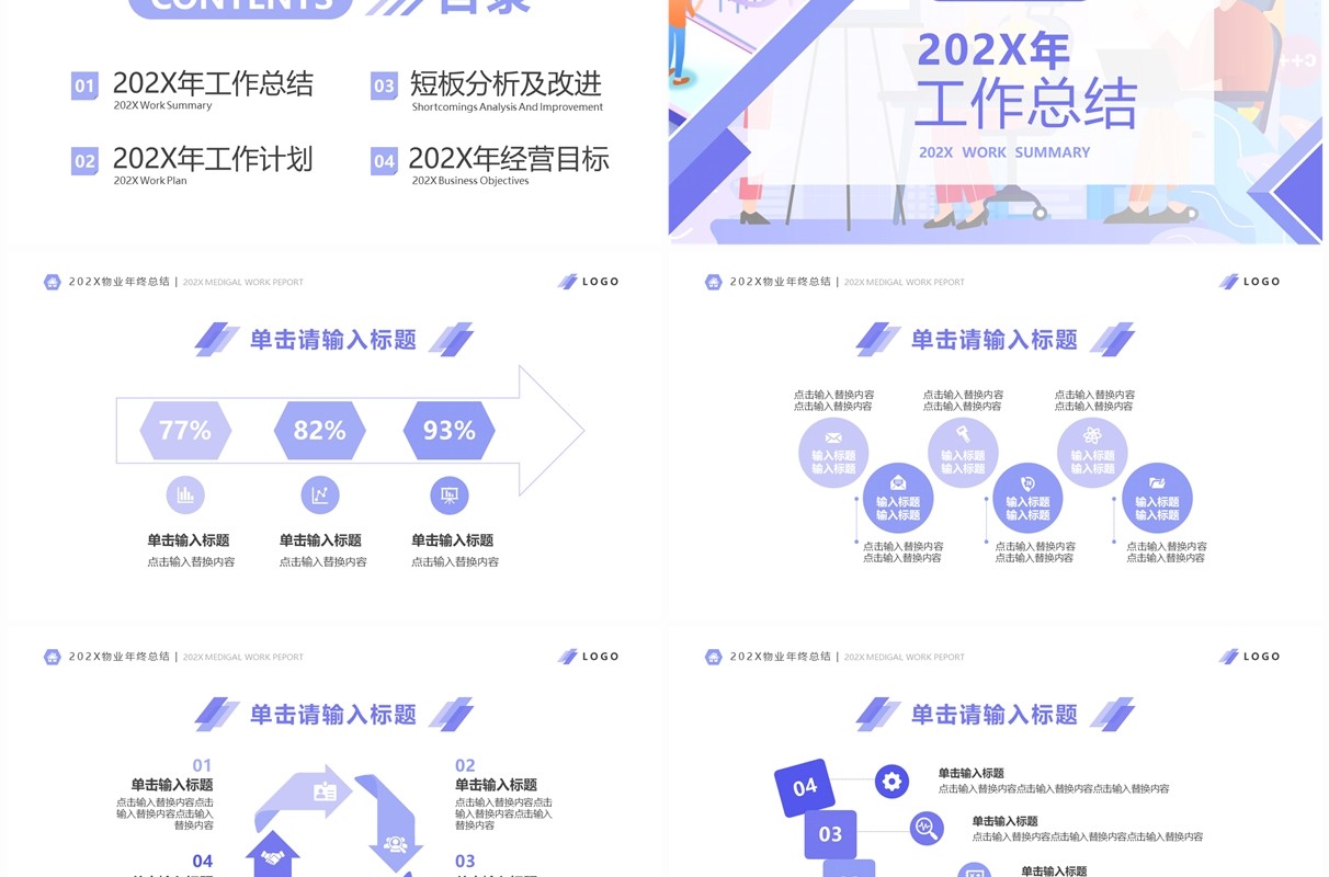 紫色扁平风物业年终总结PPT通用模板