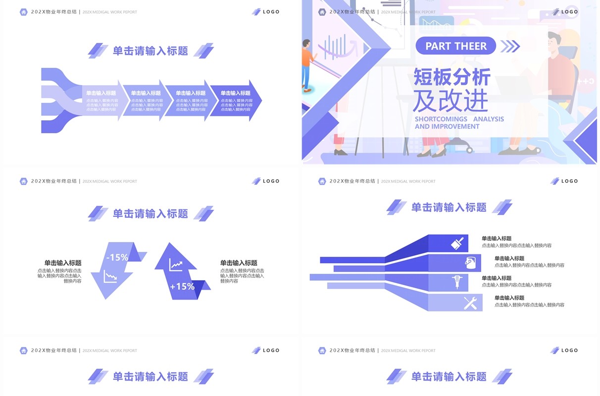 紫色扁平风物业年终总结PPT通用模板