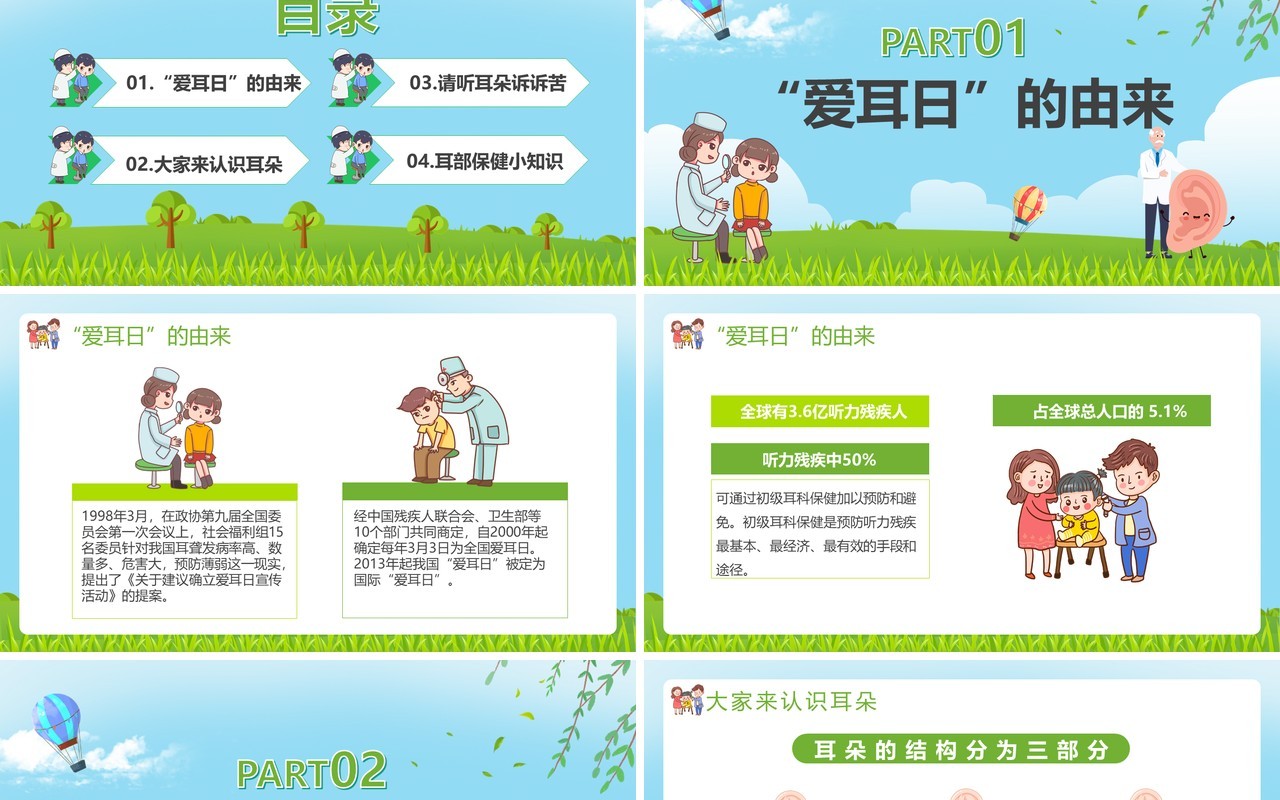 卡通风全国爱耳日主题宣传PPT模板