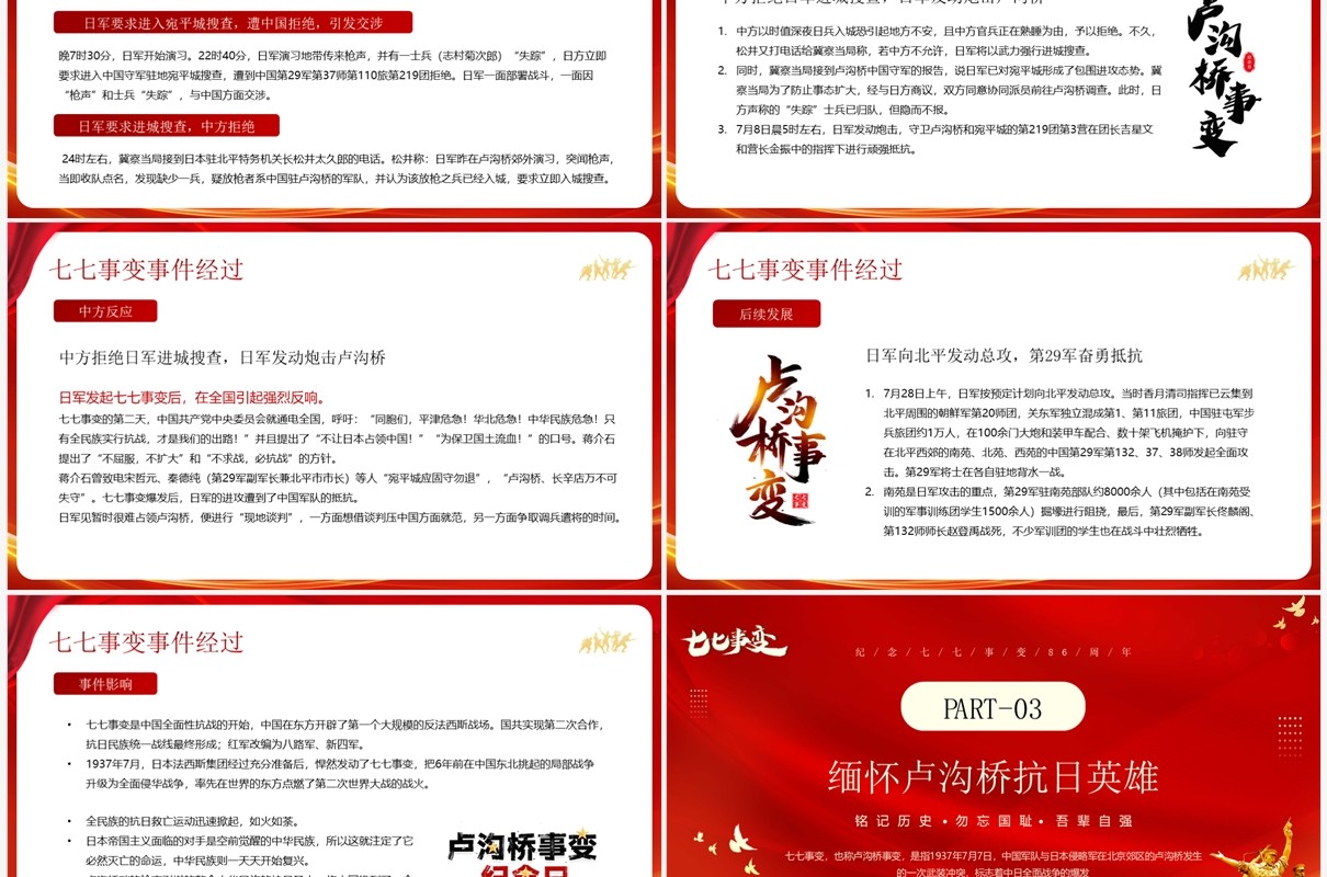 红色简约风七七事变卢沟桥事变PPT模板