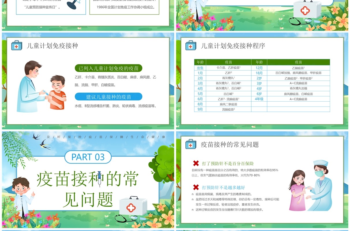 蓝绿卡通风全国儿童预防接种日知识宣传PPT模板