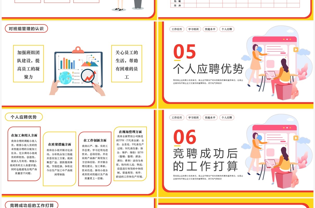 红黄扁平风班组长竞聘报告PPT模板