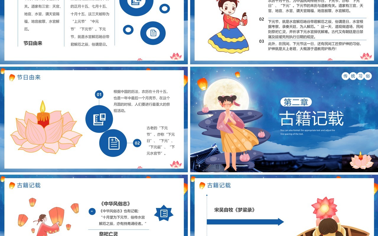蓝色卡通中国风祭祀下元节介绍PPT模板