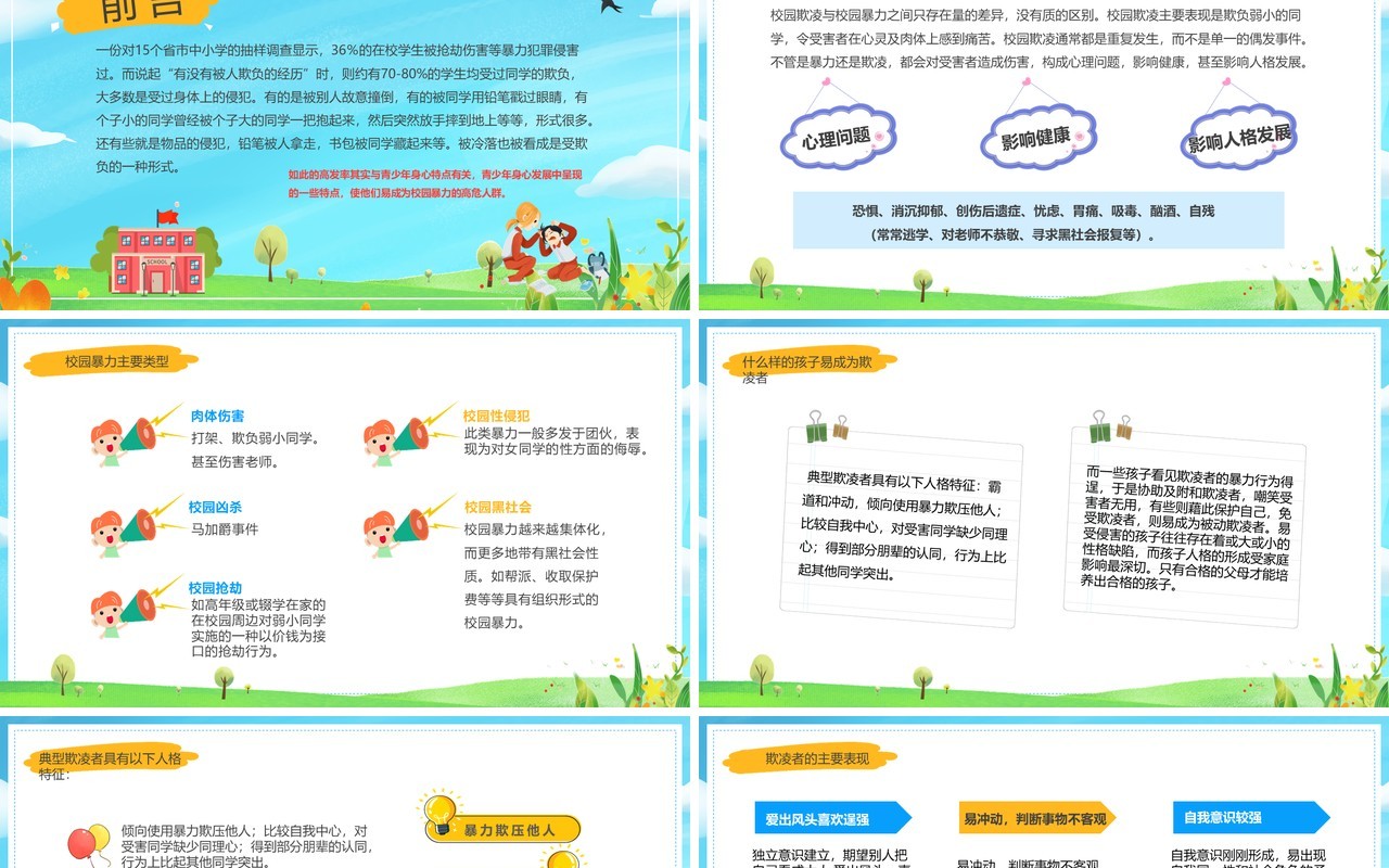 蓝色卡通风反对校园暴力宣传PPT模板