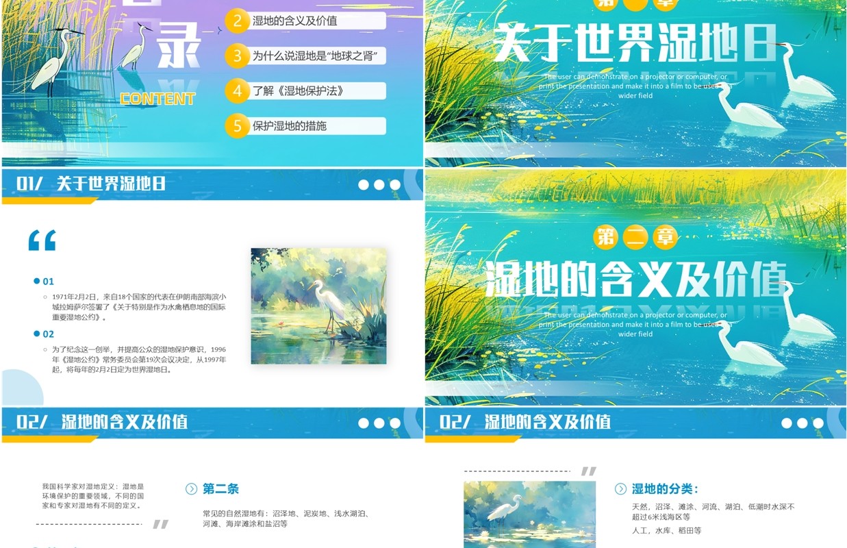 蓝色插画风世界湿地日介绍PPT模板