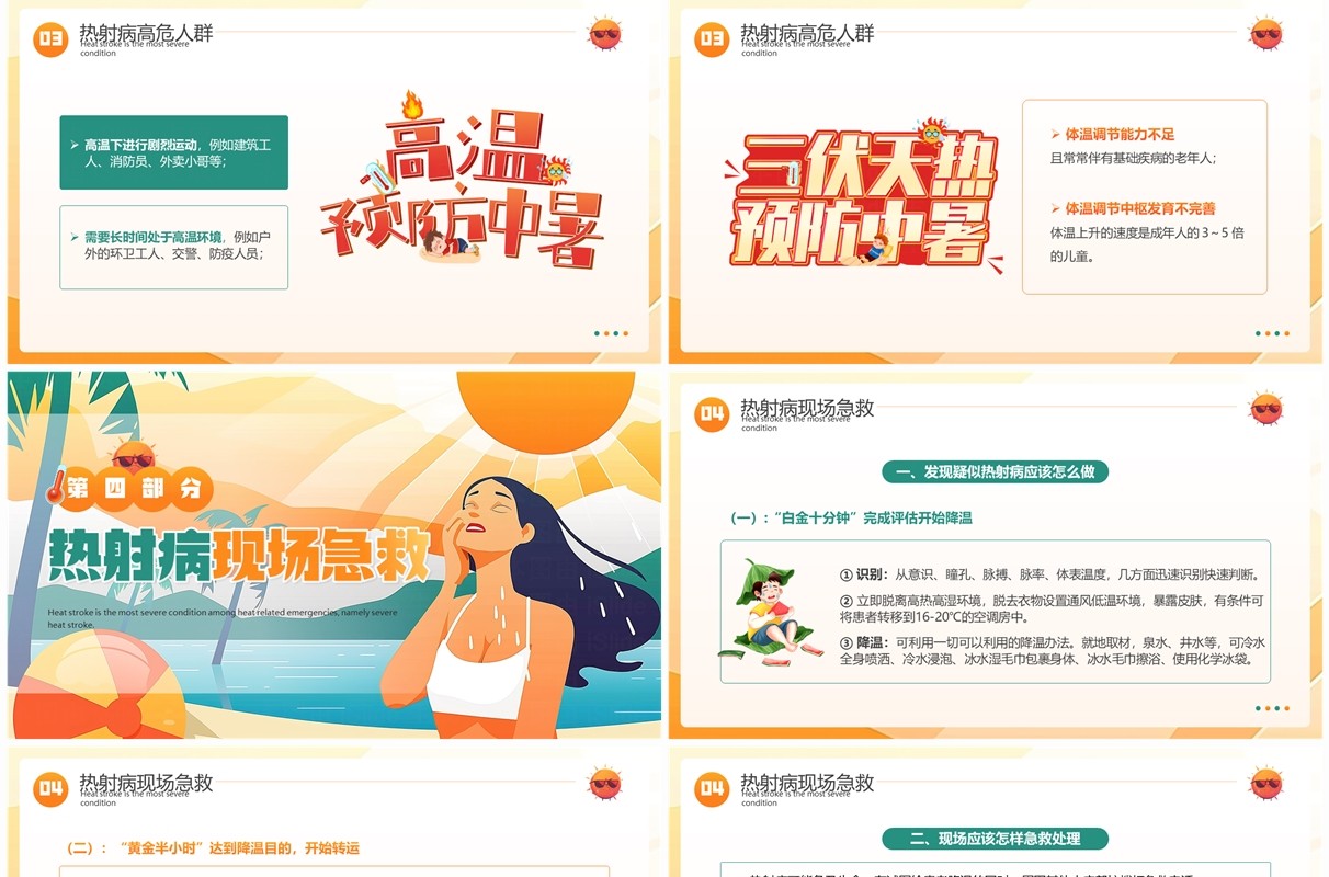 橙色插画风炎炎夏日谨防热射病PPT模板