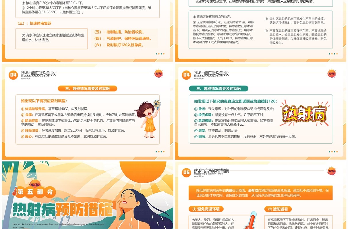 橙色插画风炎炎夏日谨防热射病PPT模板