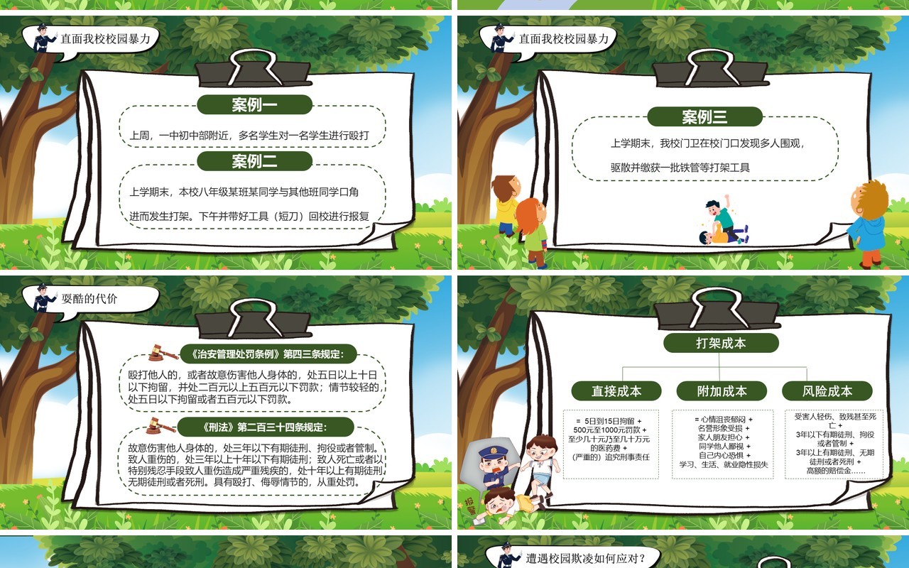 绿色卡通拒绝校园暴力校园欺凌PPT模板