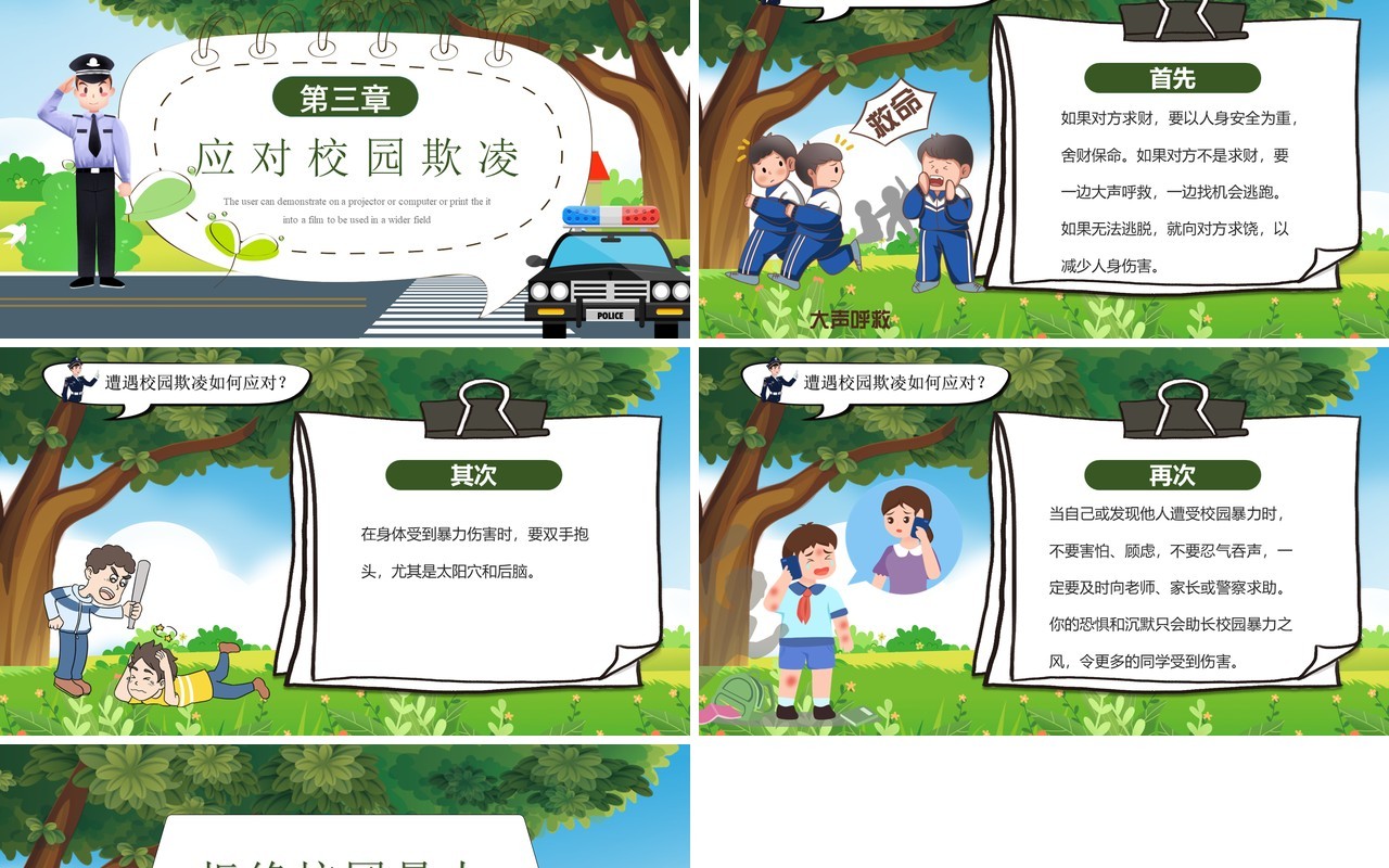 绿色卡通拒绝校园暴力校园欺凌PPT模板