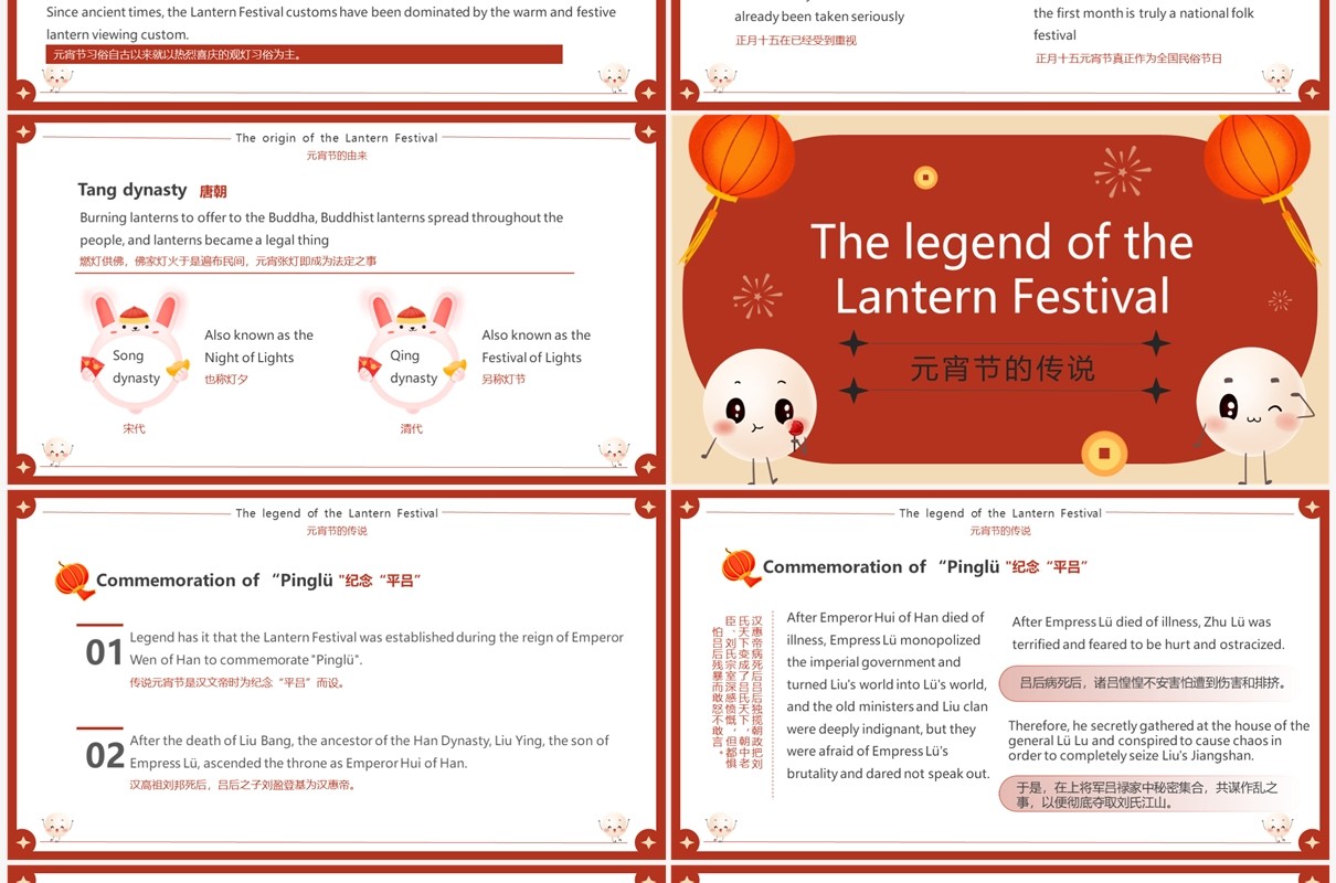 红色卡通中国传统节日元宵节英语介绍PPT模板
