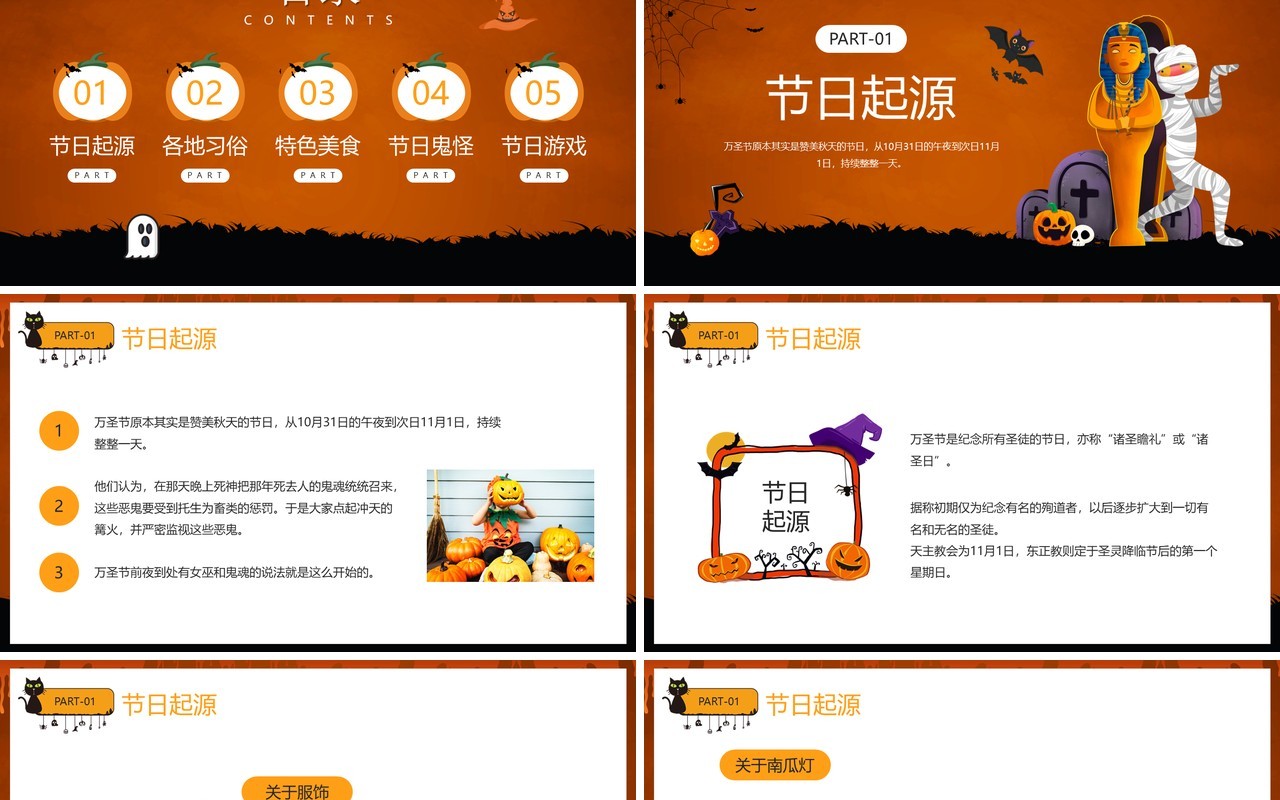 橙色卡通风不给糖就捣蛋万圣节介绍PPT模板