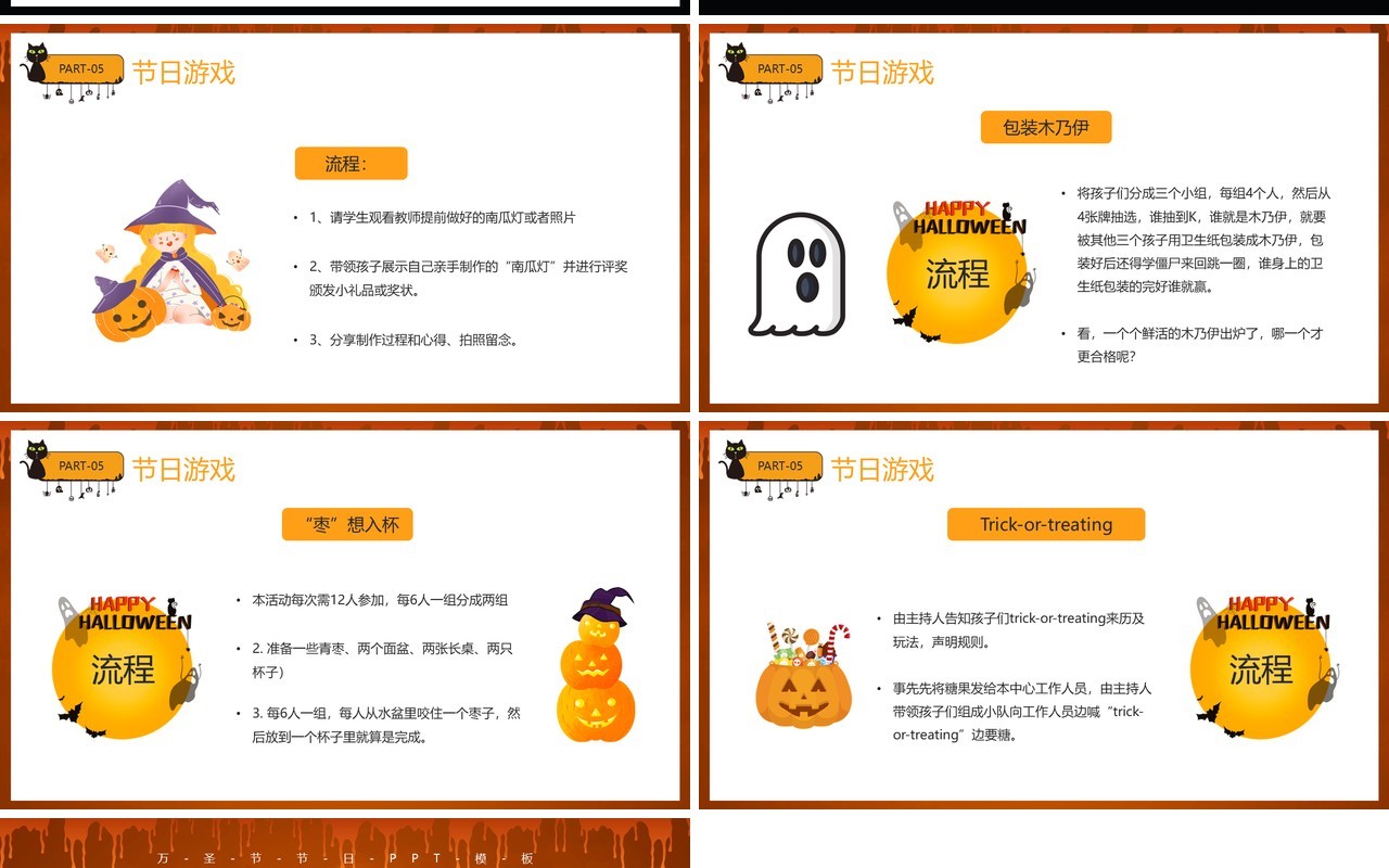 橙色卡通风不给糖就捣蛋万圣节介绍PPT模板