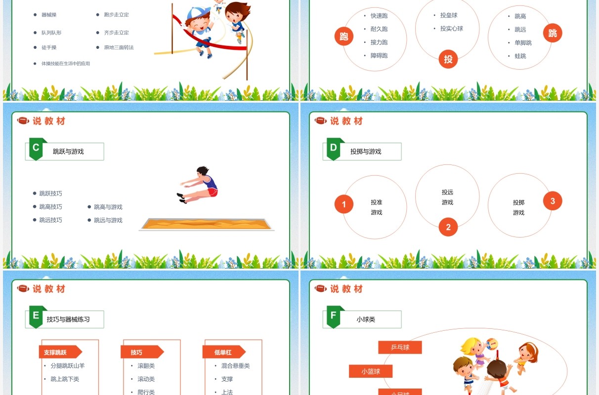 蓝色卡通风小学体育知识树PPT动态模板