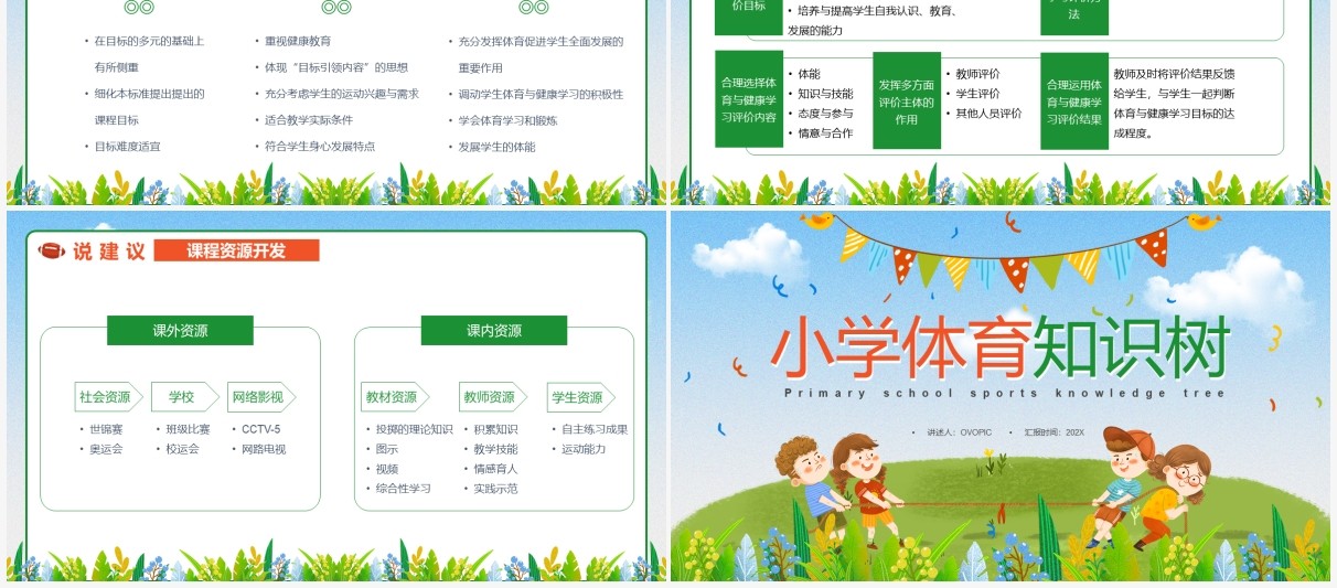 蓝色卡通风小学体育知识树PPT动态模板