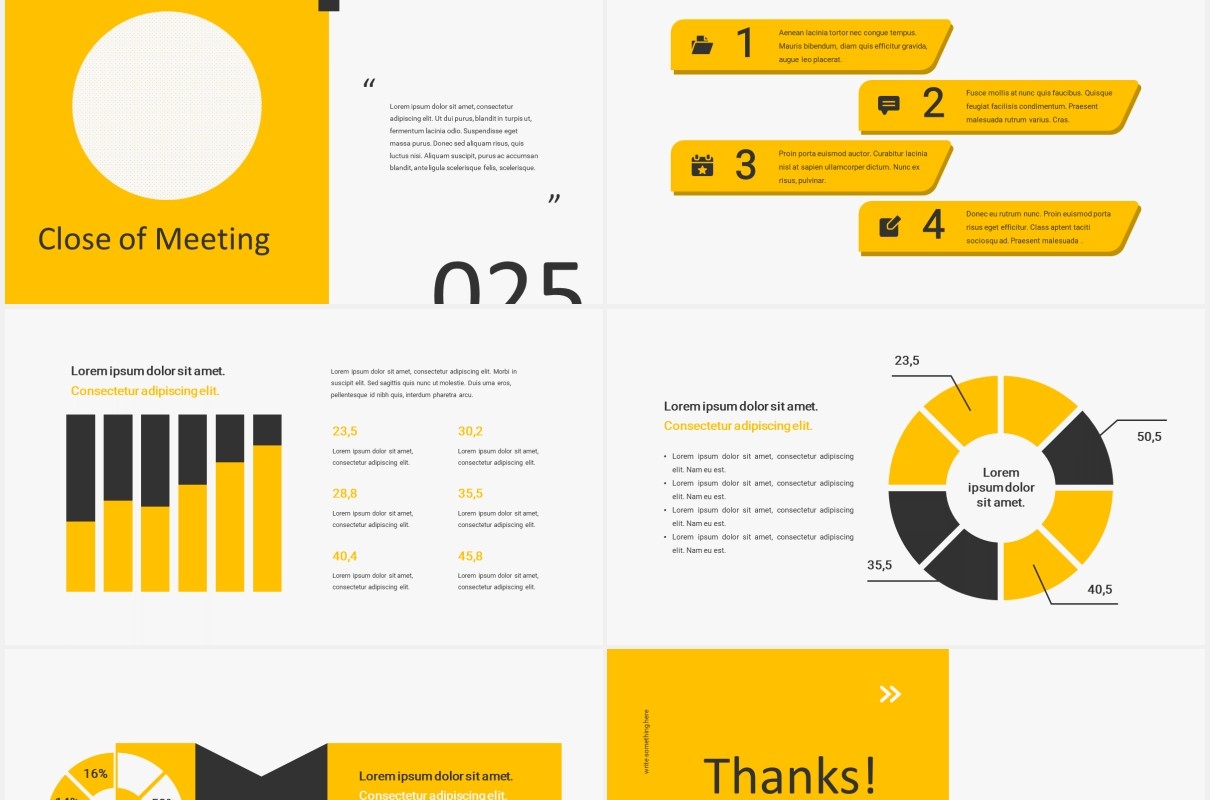 黄色简约公司月度工作会议计划报告图片排版设计PPT模板MEETIX - Monthly Meeting Powerpoint Template
