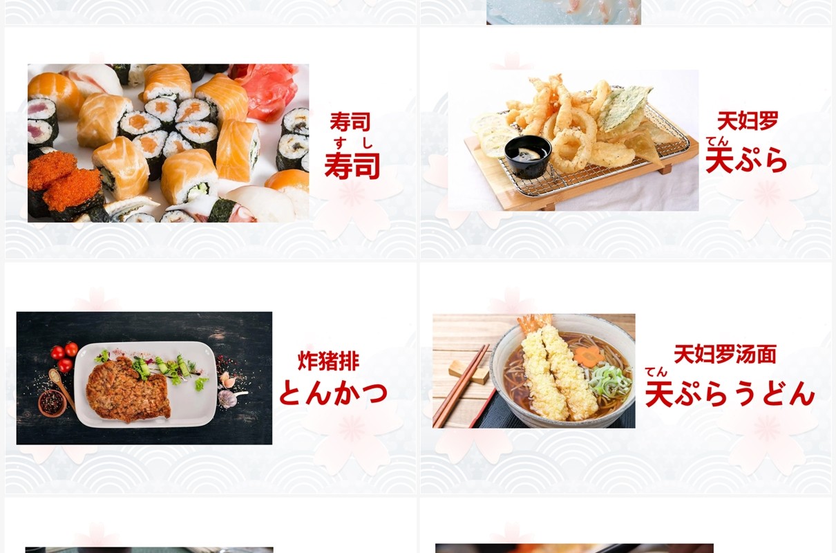 卡通风日语教学日本食物一览PPT模板