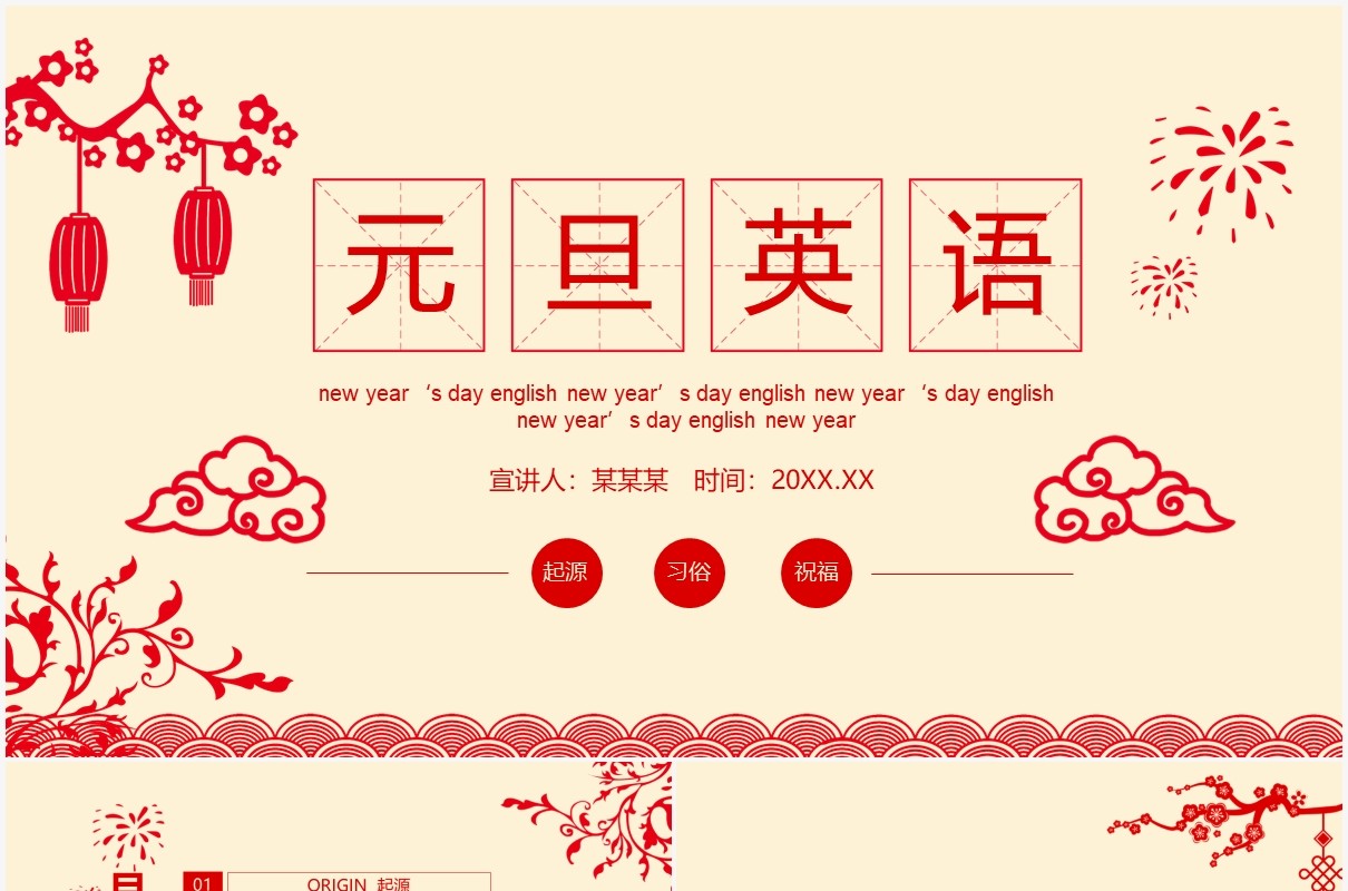 元旦英语起源习俗元旦祝福动态PPT模板