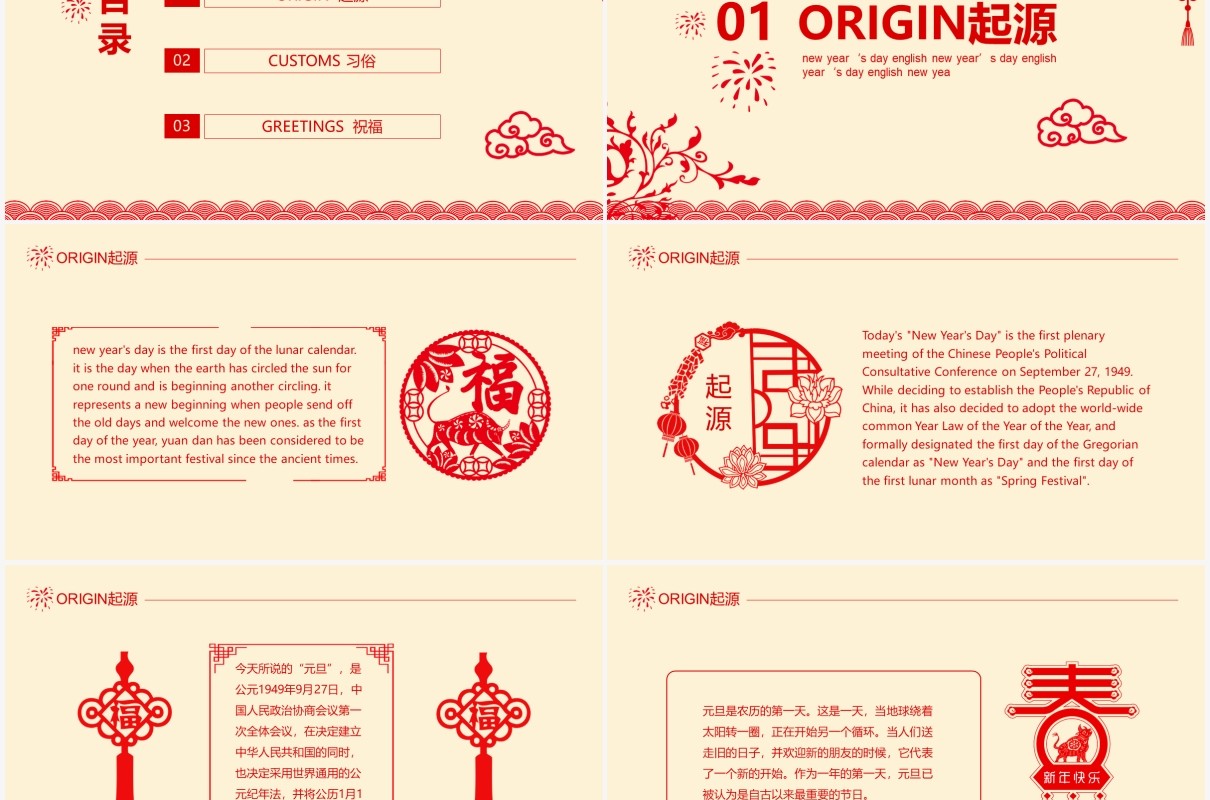 元旦英语起源习俗元旦祝福动态PPT模板